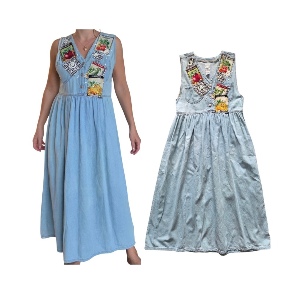 VTG 80s Erika Blues Garden Patch Denim Jumper Dress S Cottagecore Midi Blue Farm